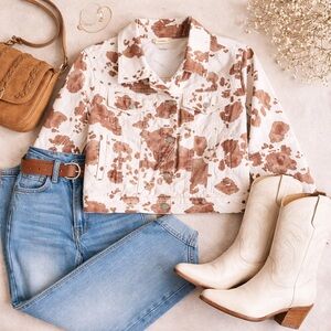Altard State Cow Print Denim Jacket Small Western Cowgirl Cropped Rodeo Country